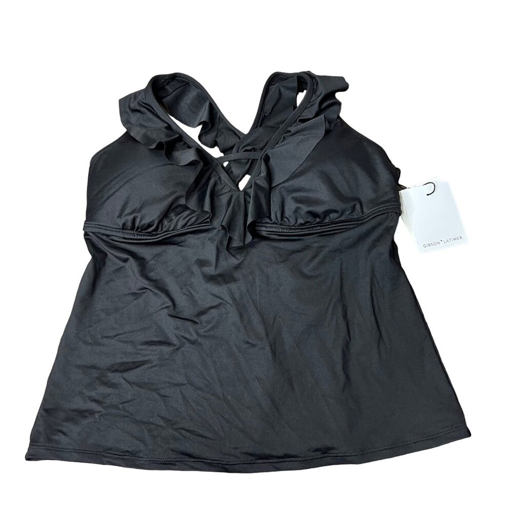 Gibson Latimer Tankini Swim Top Size XS Black Ruffle V-Neck Longline NWT